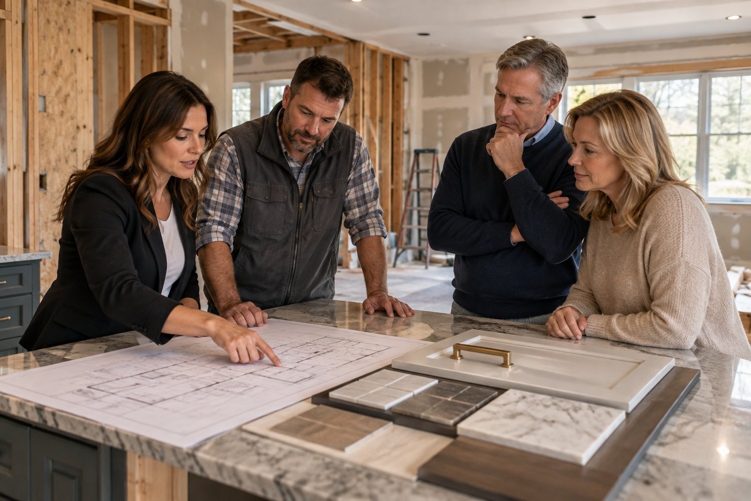 Designer and builder review floor plans and finish samples with homeowners at a kitchen island during a remodel