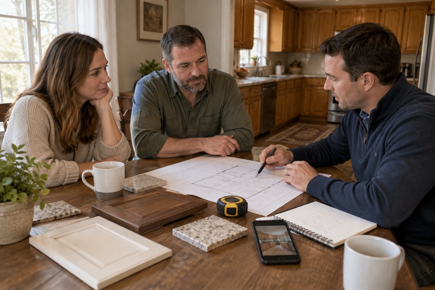 Homeowner couple and a remodeler reviewing a floor plan, cabinet doors and countertop samples at a kitchen table during a home remodeling consultation