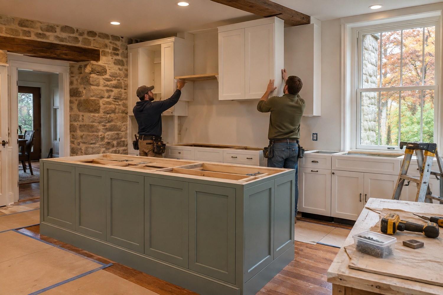 Kitchen remodeling in West Chester PA: installers fitting white shaker cabinets by a sage island in a stone home